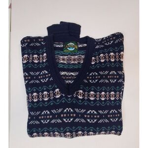 Vintage Jantzen XL V-neck Grandpa Sweater‎ Blue Green Geometric Print Y2k
